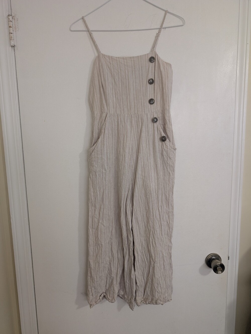 Forever 21 Contemporary Linen Blend Striped Wide Leg Crop Jumpsuit Lined Small